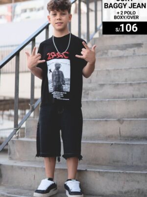 Jorts Kids Acid wash+ 2 polos boxy/over